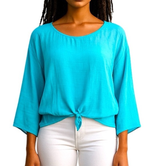 Zac & Rachel Tops - Zac & Rachel Women’s Size Large Aqua Blended Gauze Applique Boho Top Blouse